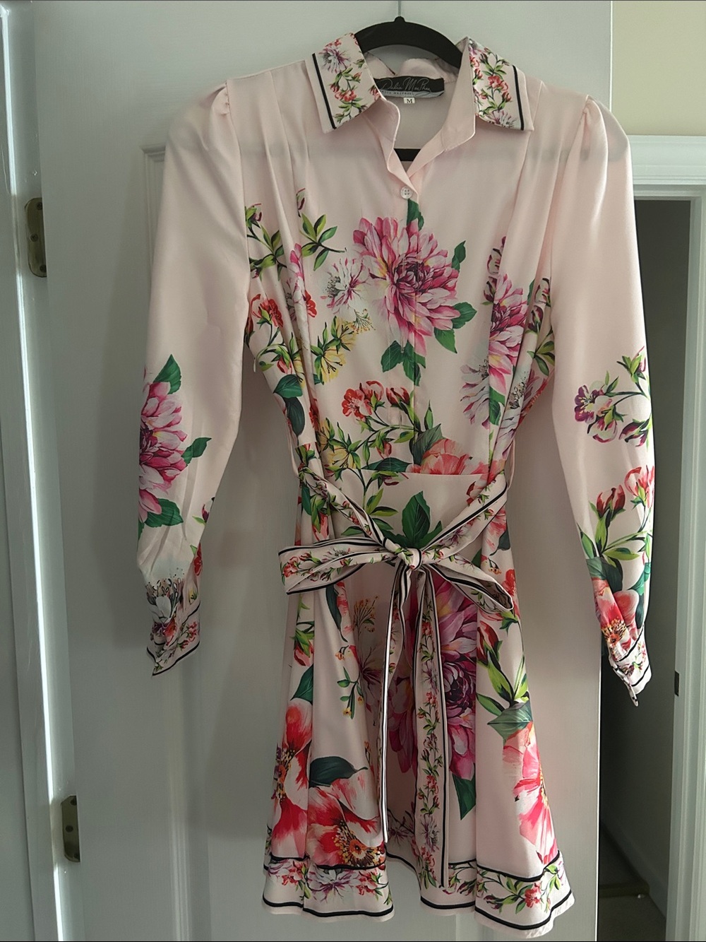 Floral Collared Tie-Waist Mini Dress in Light Pink